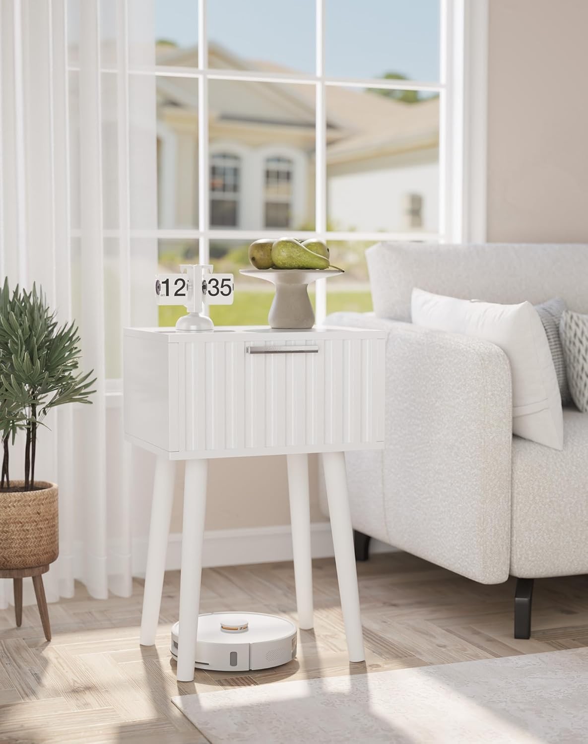 Set of 2 White Fluted Bedside Tables – Modern Nightstands with Drawer & Tall Leg