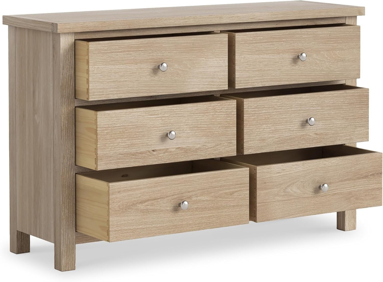 6 Drawer Washed Oak Chest – Solid Wood Storage, Bedroom & Hallway Organizer