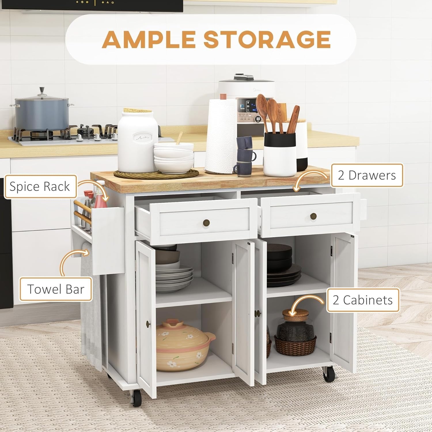Kitchen Island Trolley on Wheels Storage Cabinet Drawers Shelves Wooden Top
