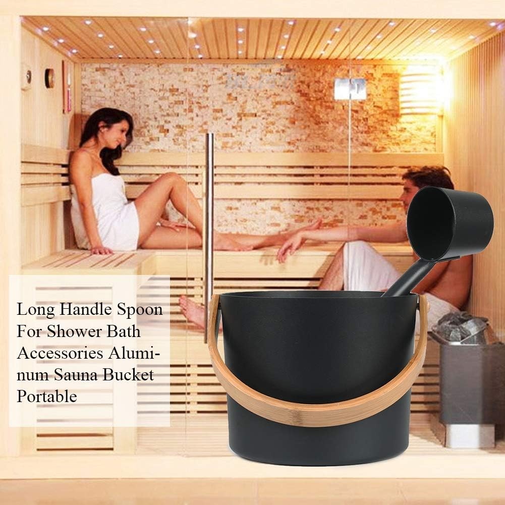 7L Aluminum Sauna Bucket & Ladle Set – Cedar Handles, Portable Black Sauna