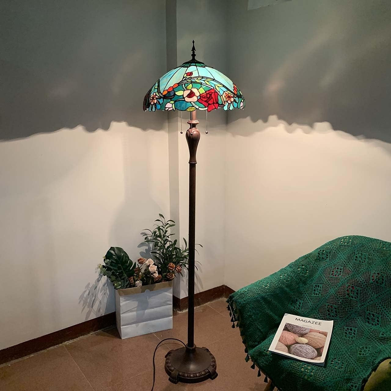 Stained Glass Tiffany Floor Lamp with 3 Lights, 65" Tall, Adjustable