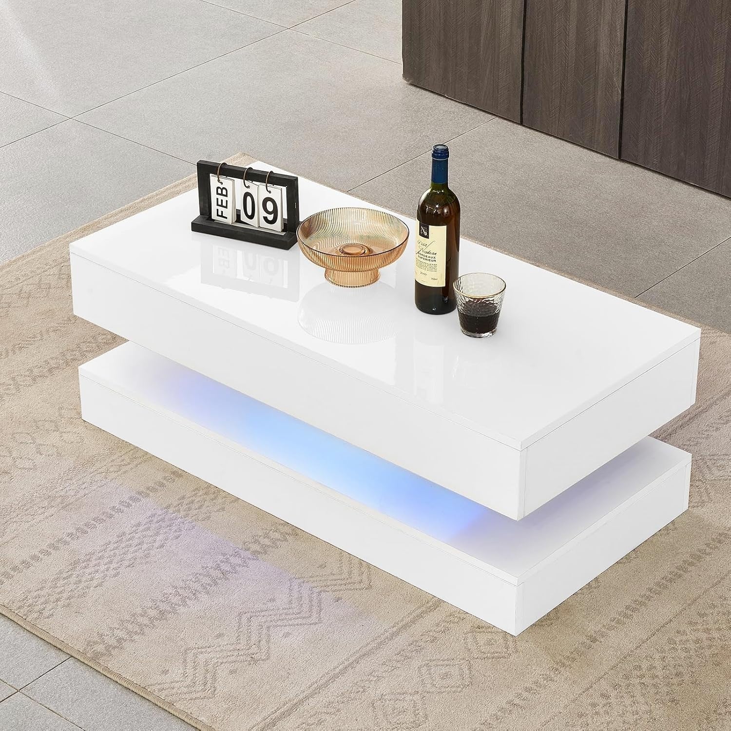 Modern White Coffee Table with LED Lights & 2 Drawers – Storage & Style