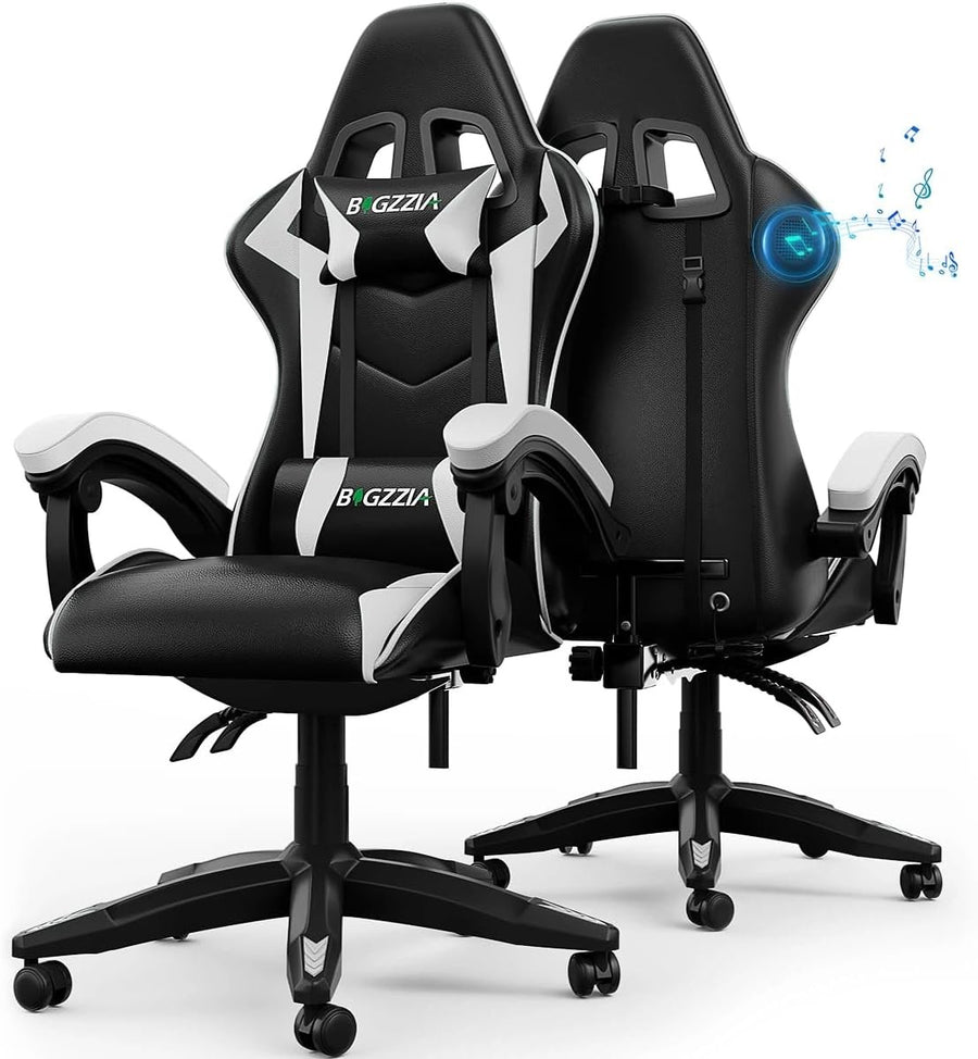 Gaming Chair with Bluetooth Speaker Reclining PU Leather White