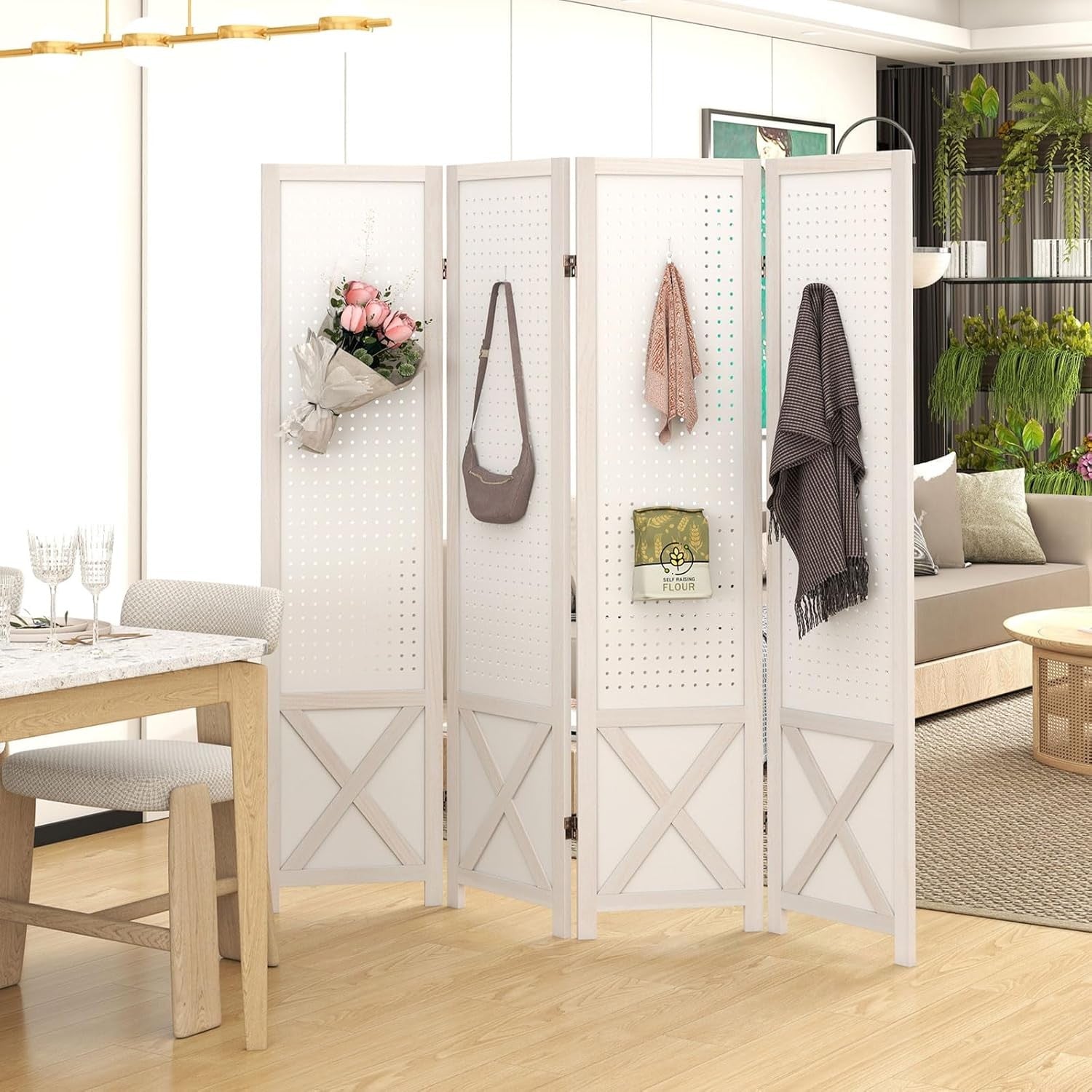4 Panel White Wooden Folding Room Divider with Pegboard Display 162x170cm