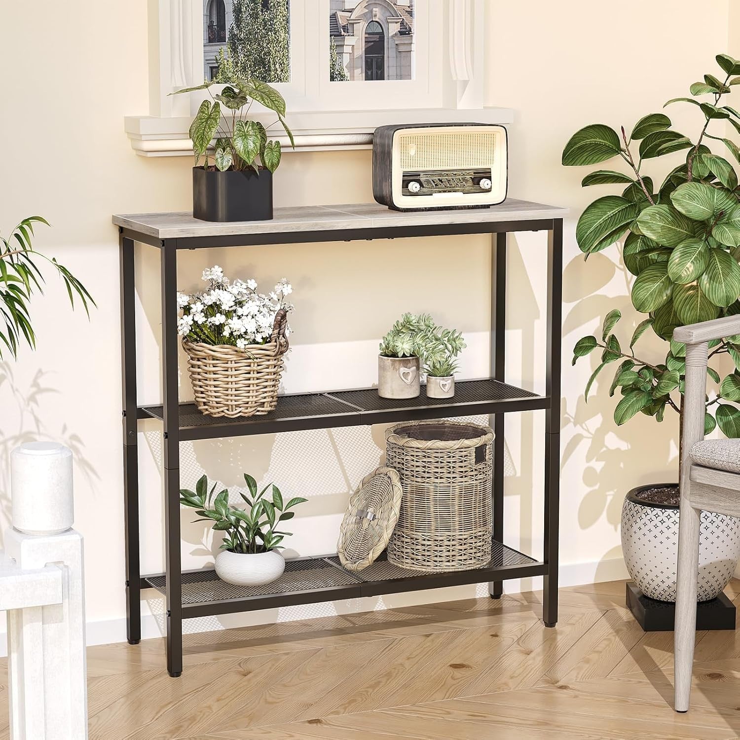 Slim 3-Tier Console Table 75cm Wide Storage Shelf Metal Frame for Small Spaces