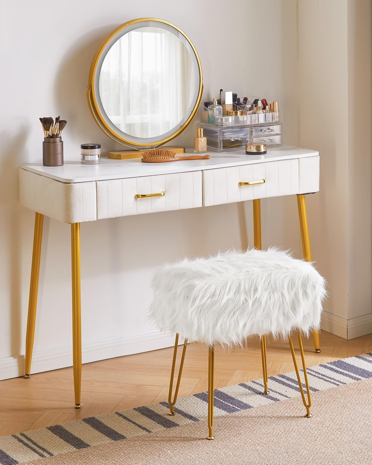 White Rectangular Faux Fur Vanity Stool with Storage & Gold Metal Legs