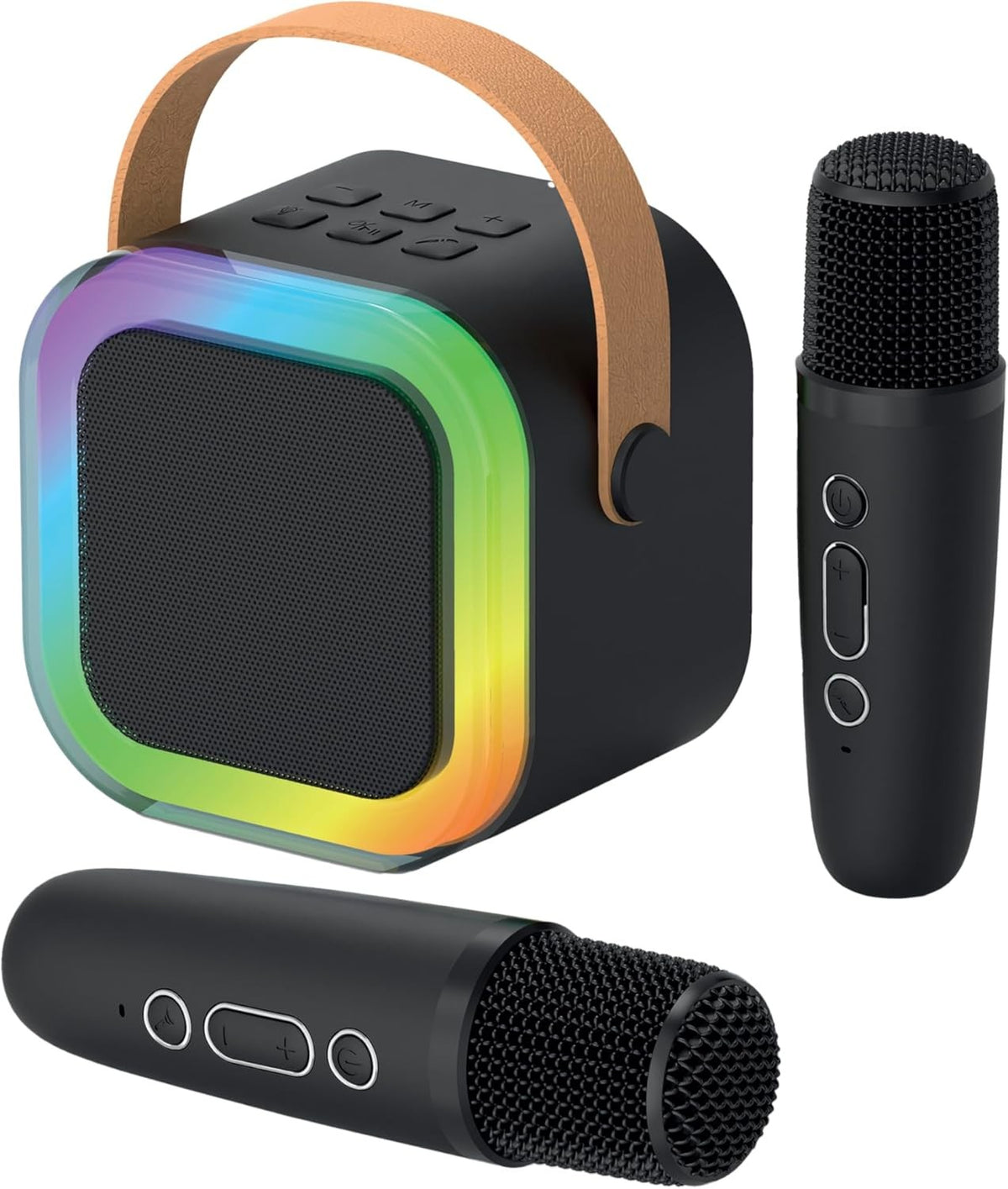Black Mini Karaoke Machine with 2 Wireless Mics LED Bluetooth Speaker