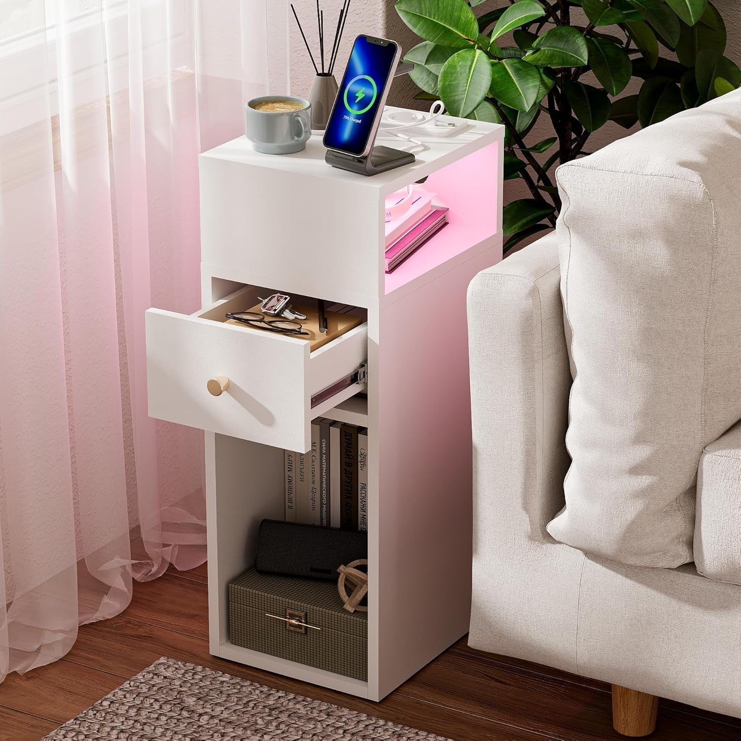 Slim White Bedside Table with RGB Lights & Charging Station | Modern Nightstand