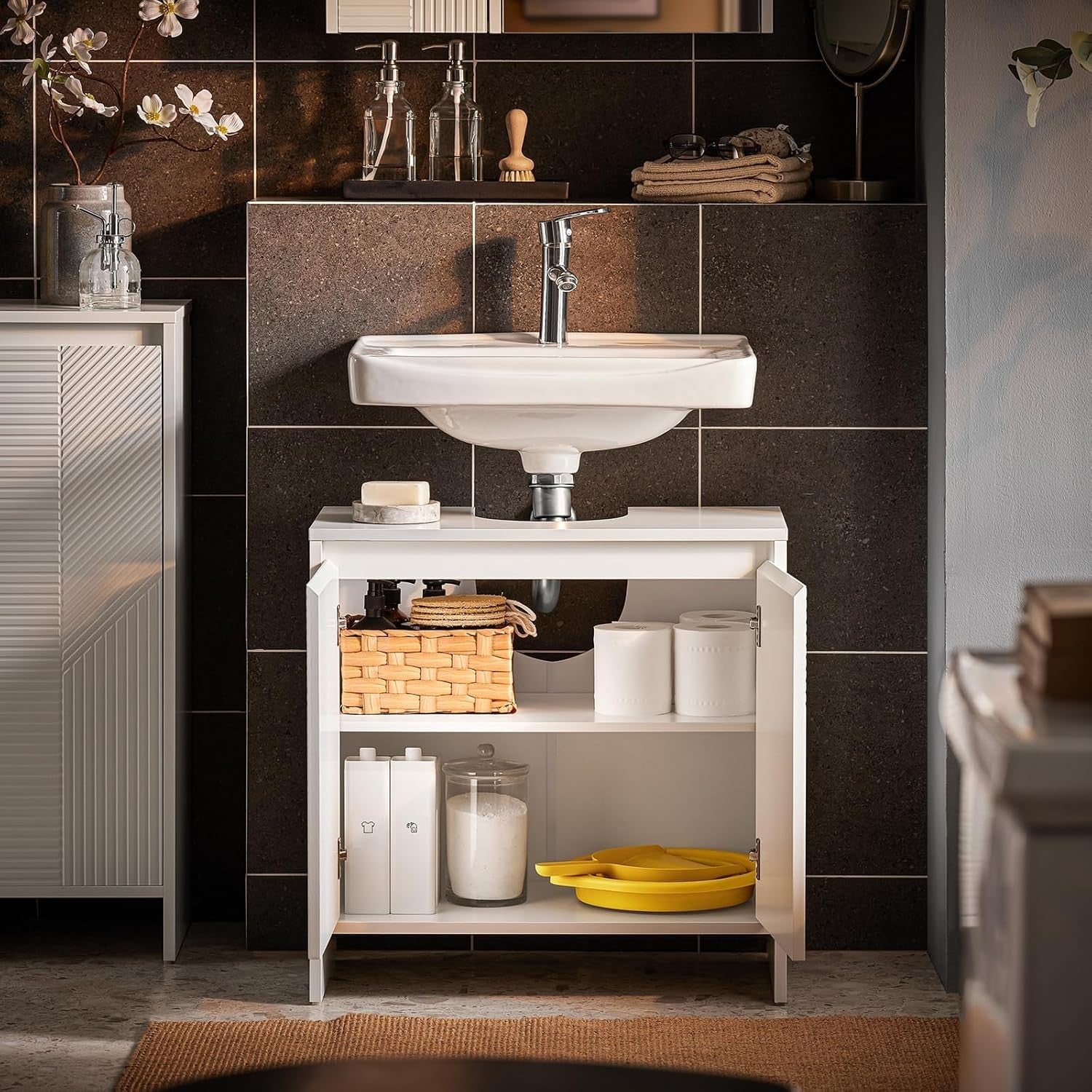 Slim White Under Sink Bathroom Cabinet – Adjustable Shelves Storage Unit