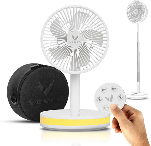 Portable Foldable Fan 4-Speed w Remote LED Light USB-C Rechargeable White w Case