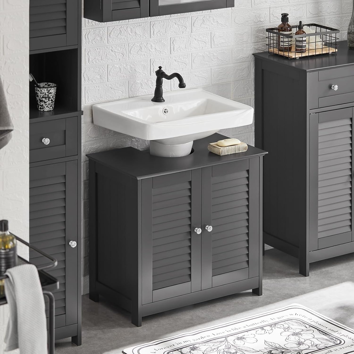 Dark Grey Under Sink Bathroom Cabinet with Shutter Doors & Adjustable Shelf