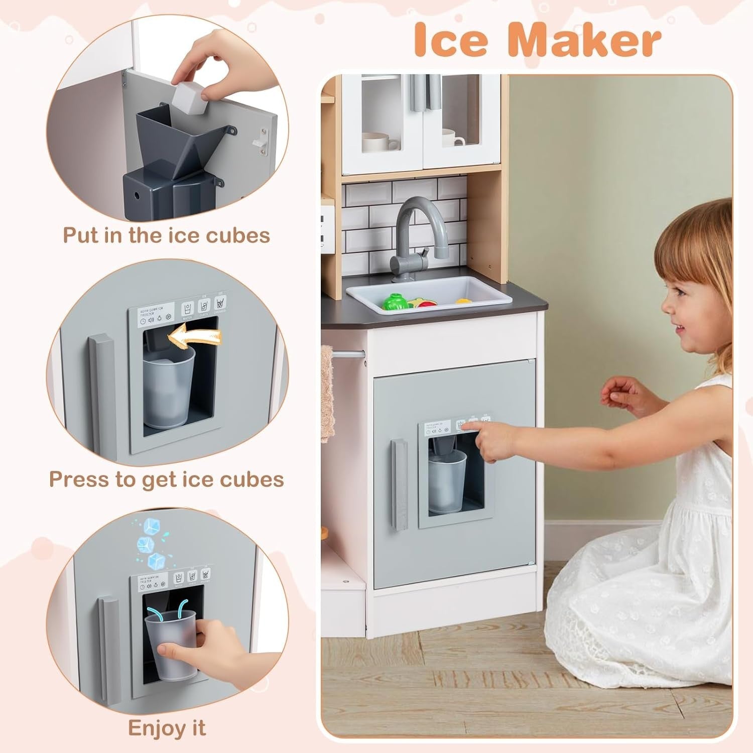 Wooden Kids Play Kitchen Lights Sounds Coffee Maker Grey Toy
