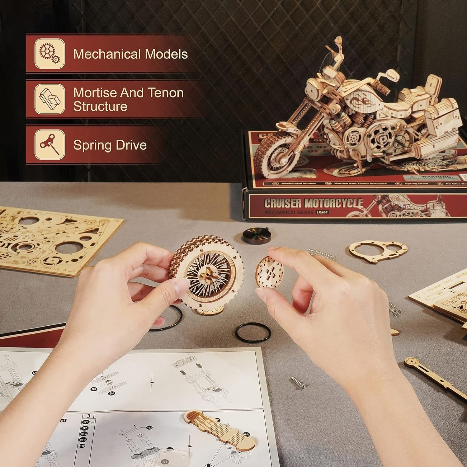 Mechanical 3D Wooden Motorcycle Puzzle - Realistic Gears & Spring Action Model