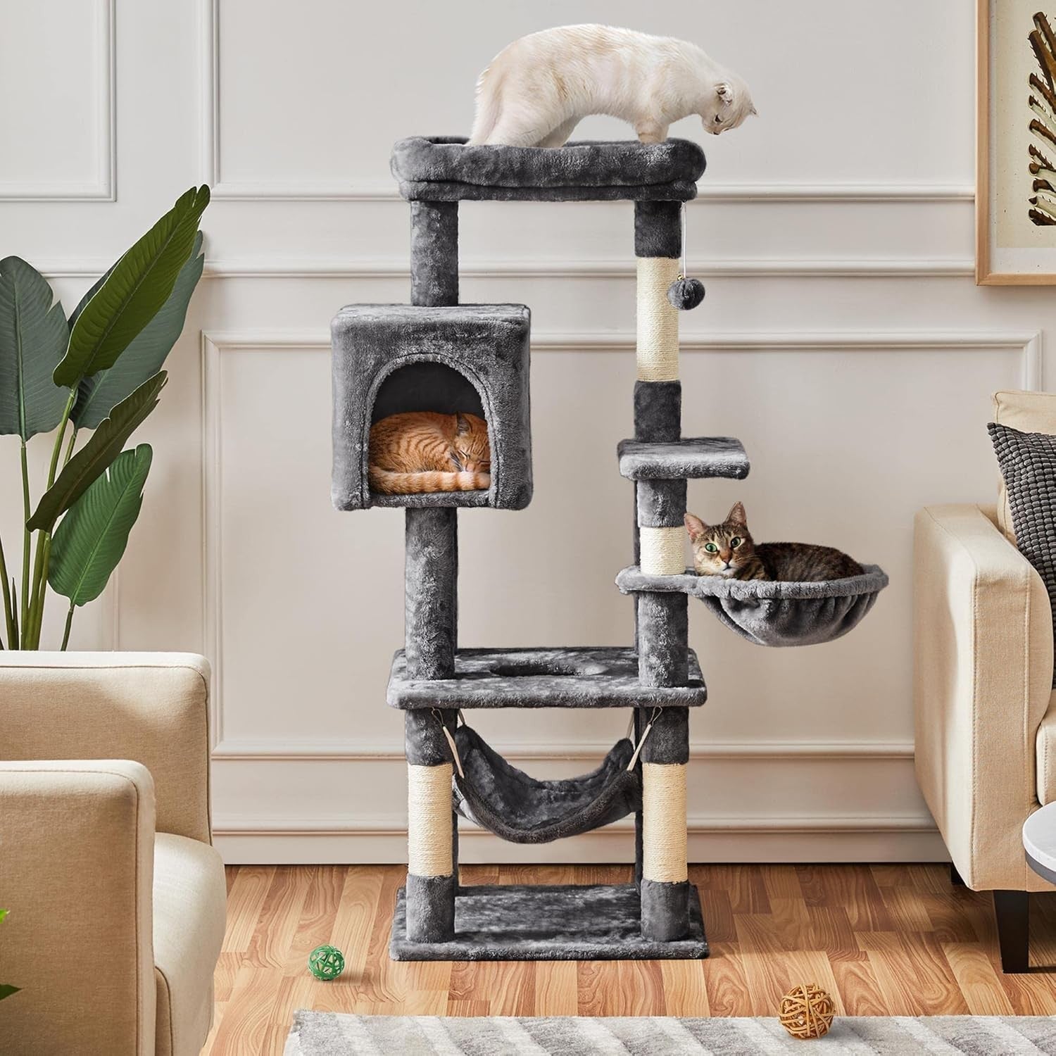 Cat Tree Tower 130cm Multi Level Scratching Post Condo Hammock Dark Grey