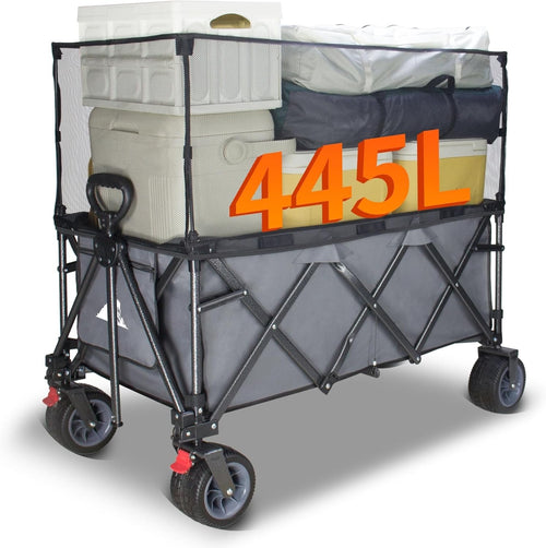 Grey 445L Extra Large Folding Wagon Heavy Duty All-Terrain Cart w/ Canopy