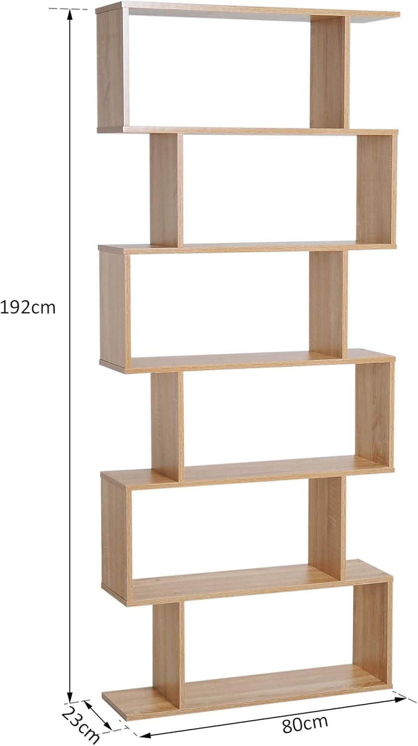 Oak S-Shape 6-Tier Bookcase Modern Display Shelf Room Divider Storage Unit