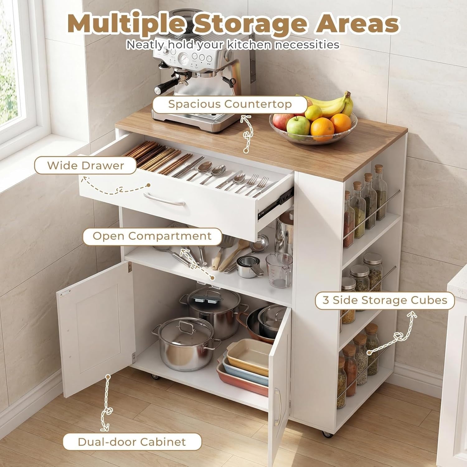 Kitchen Island Trolley with Power Outlet Cabinet White