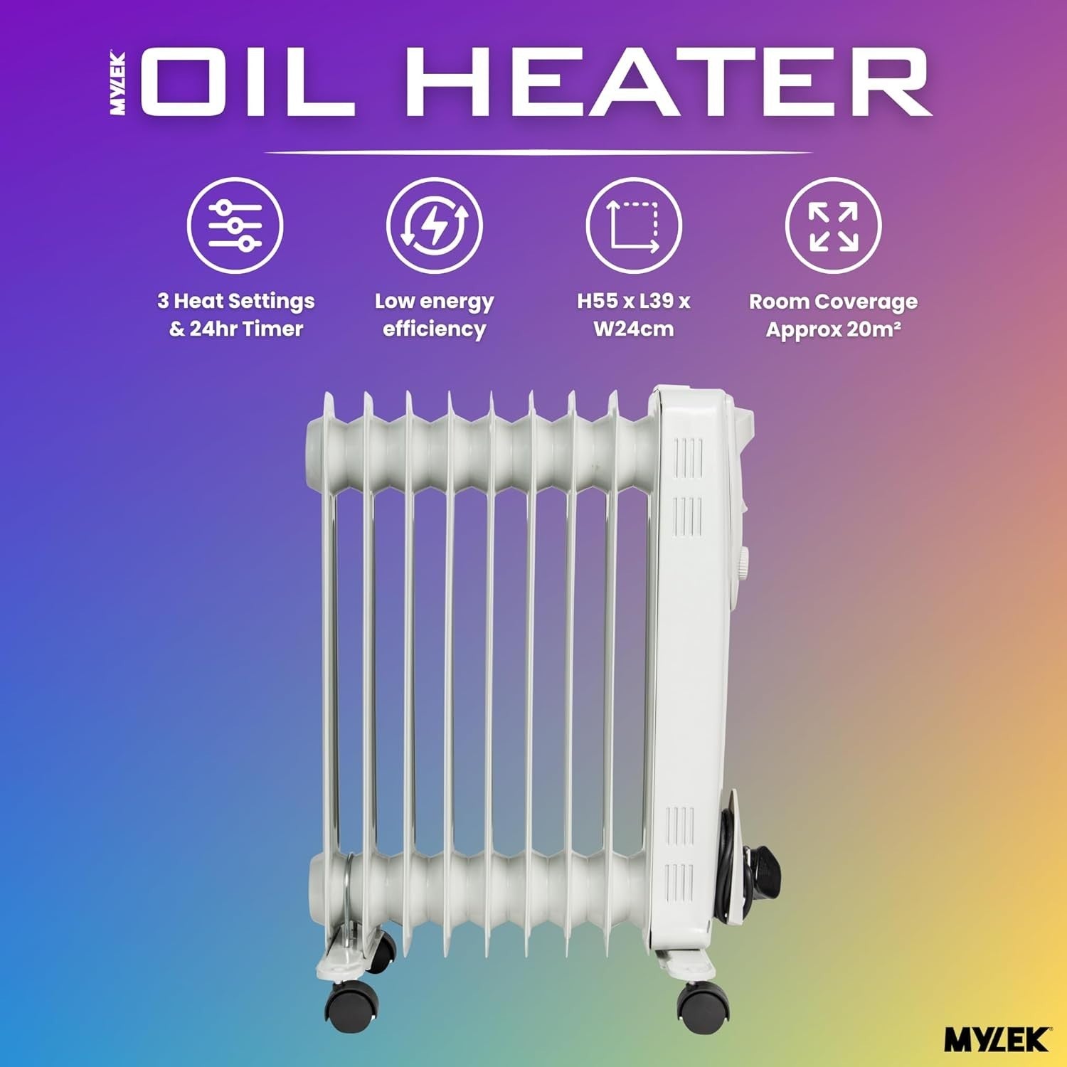 2000W Oil Filled Heater Radiator Portable Electric Adjustable Thermostat