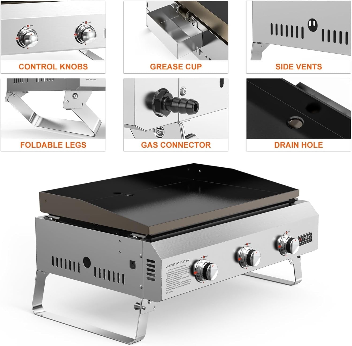 3-Burner Gas Plancha Tabletop BBQ Grill Non-Stick Ceramic Griddle