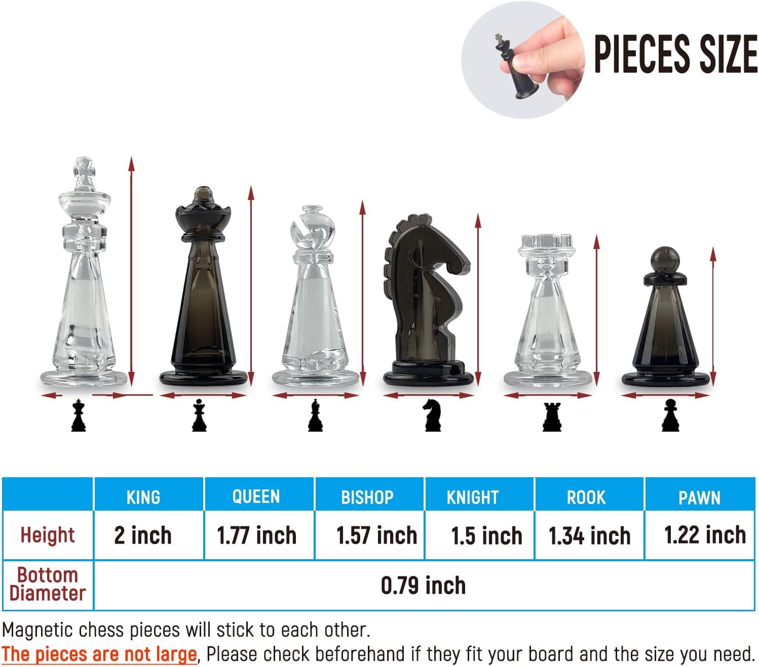 Transparent Magnetic Chess Pieces Set 51mm King w/ Extra Queens