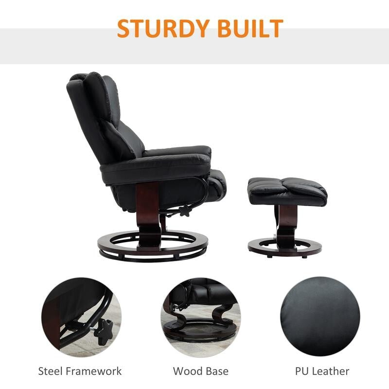 Black Recliner Swivel Armchair with Footstool PU Leather Lounge Chair