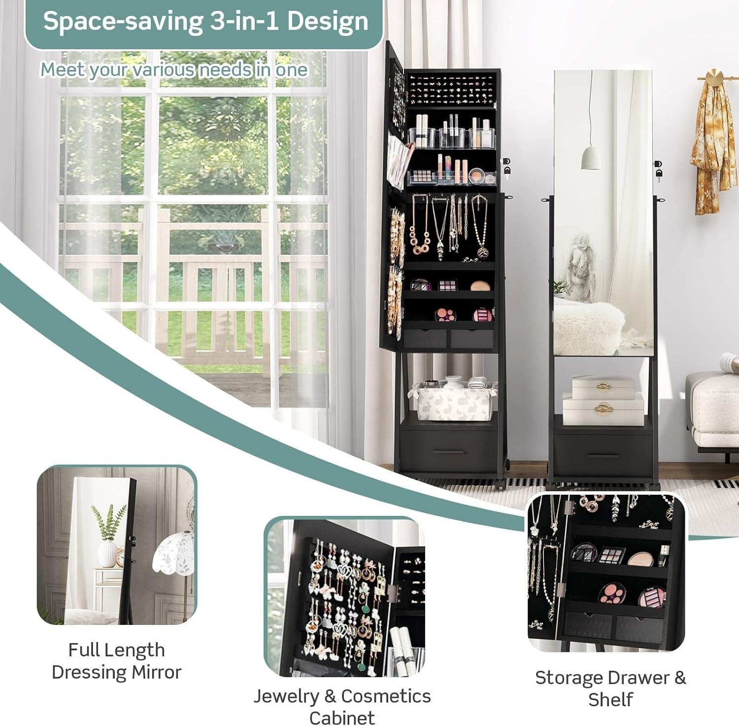 Mobile Jewelry Cabinet with Wheels Lockable Full Length Mirror Storage