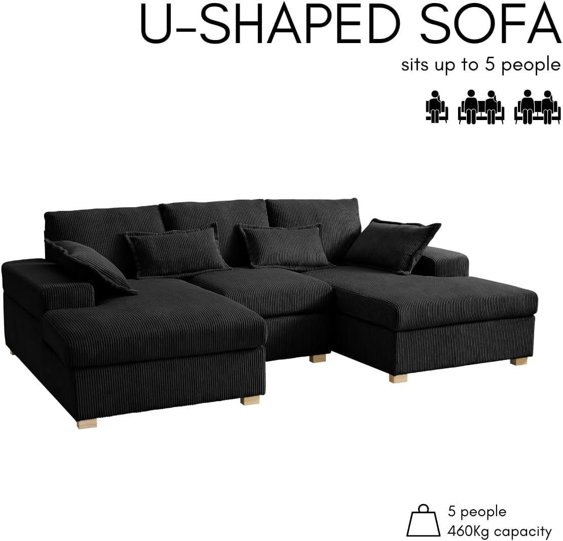 U-Shape Fabric Sofa Jumbo Cord 4-Seater Small or Large + Optional Footstool
