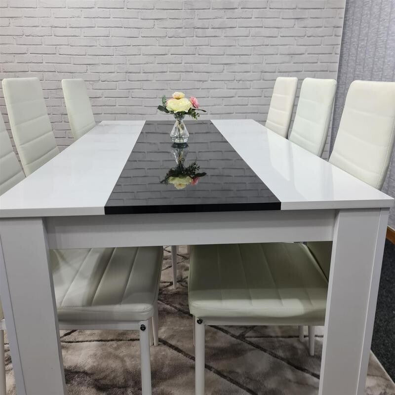 White Black Dining Table Set with 6 Leather Chairs Modern MDF 140cm