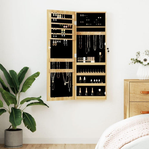 Tall Wall Mounted Jewelry Cabinet Mirror Lockable Slim Storage Brown