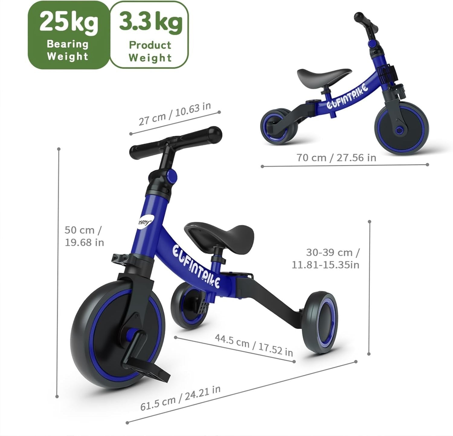 5 In 1 Toddler Tricycle Balance Bike Ride On Toy Removable Pedals Navy