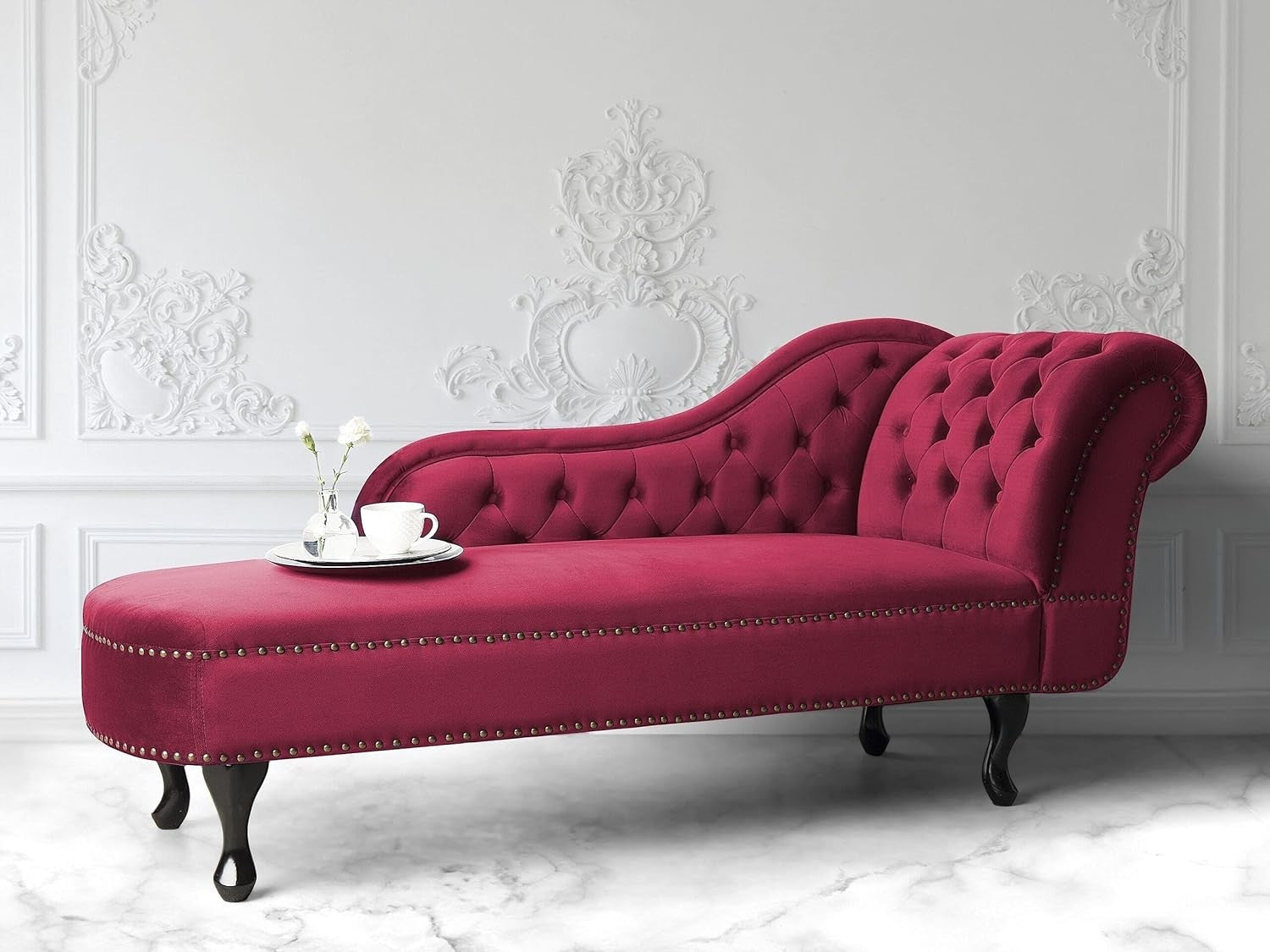 Velvet Chesterfield Chaise Lounge Right Hand Sofa Tufted Burgundy Seat