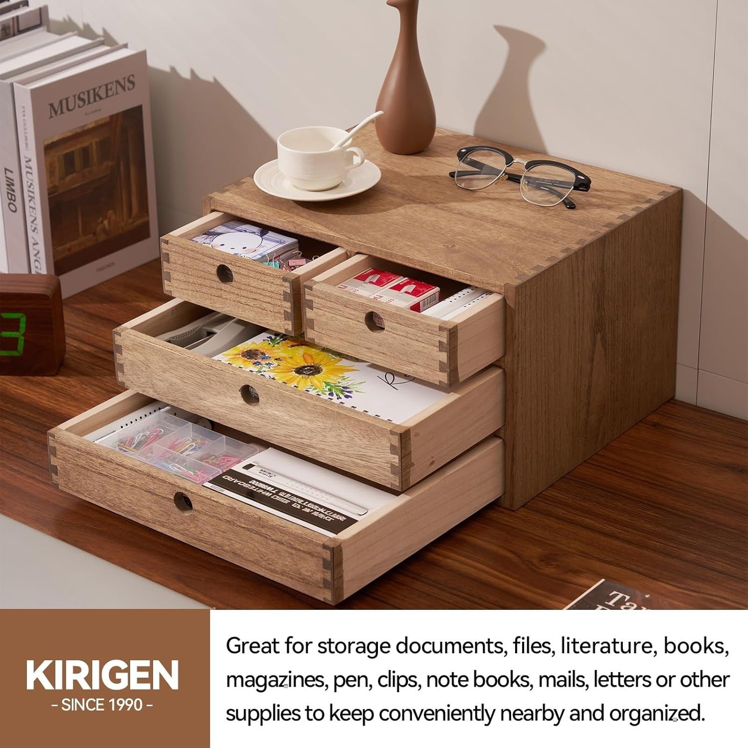 Wood Desktop Organizer 4 Drawer Office Storage Makeup File Box