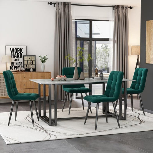 Set of 4 Dark Green Velvet Dining Chairs – Modern Padded Seat, Metal Legs
