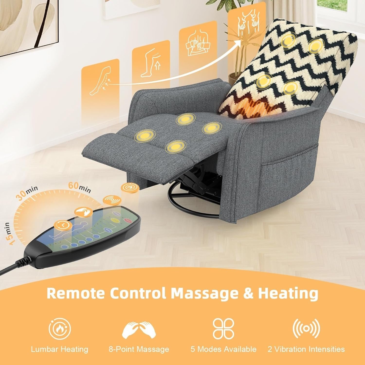 Swivel Rocking Recliner Chair Massage Heat Footrest 3-in-1 + Cover Grey