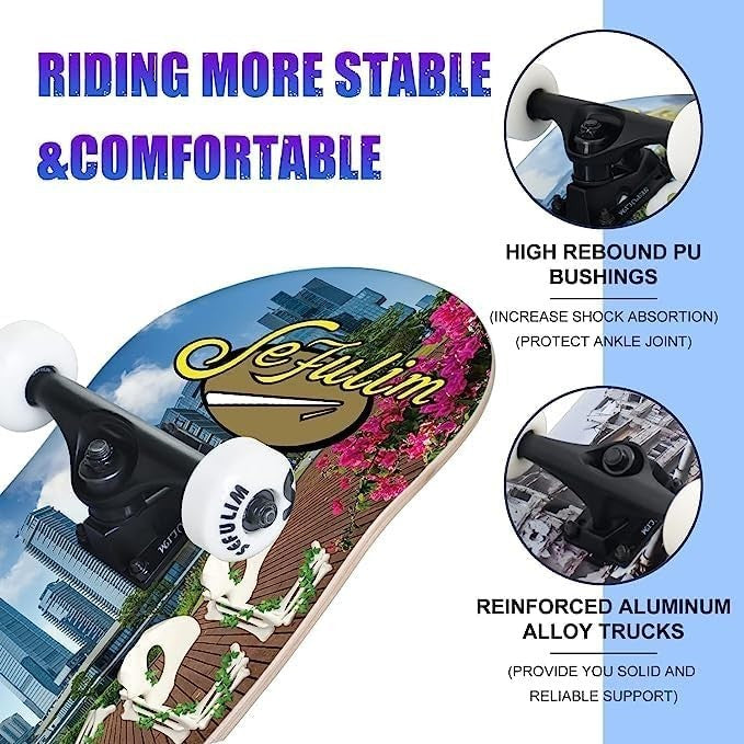 31" Complete Skateboard Maple Double Kick Trick Board Teens Adults Beginners