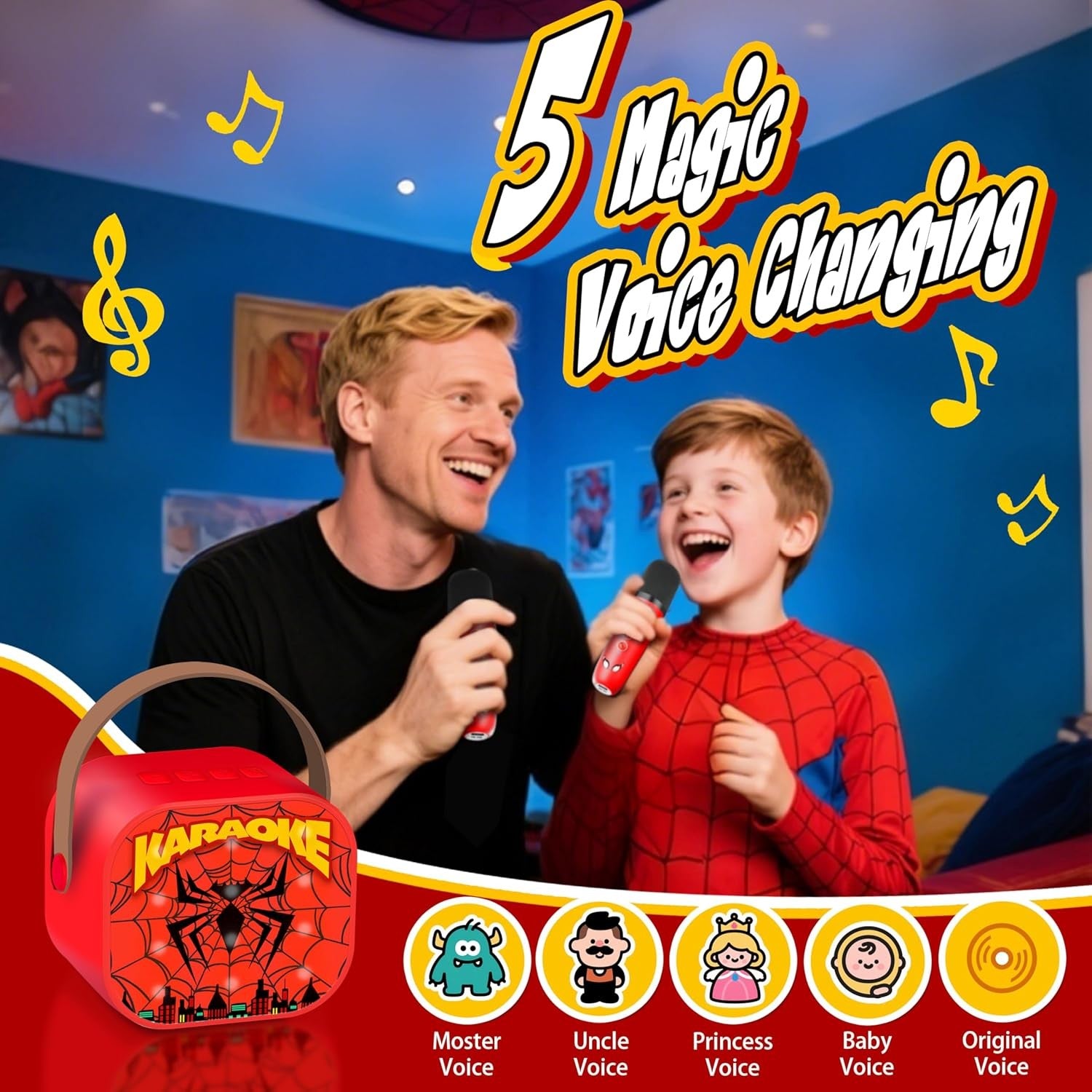Spider Kids Karaoke Machine 2 Mics LED Lights Red Bluetooth