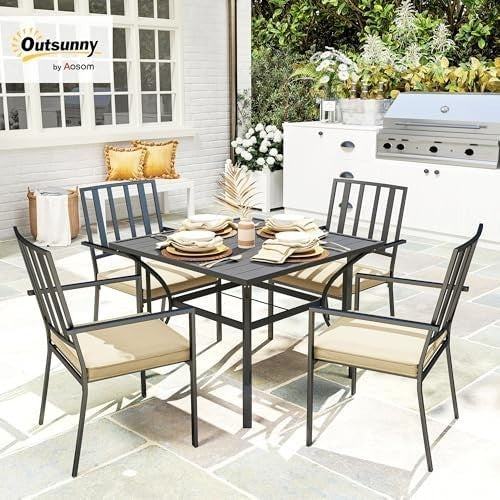 5 Piece Garden Dining Set Patio Table 4 Stackable Chairs Cushions Black
