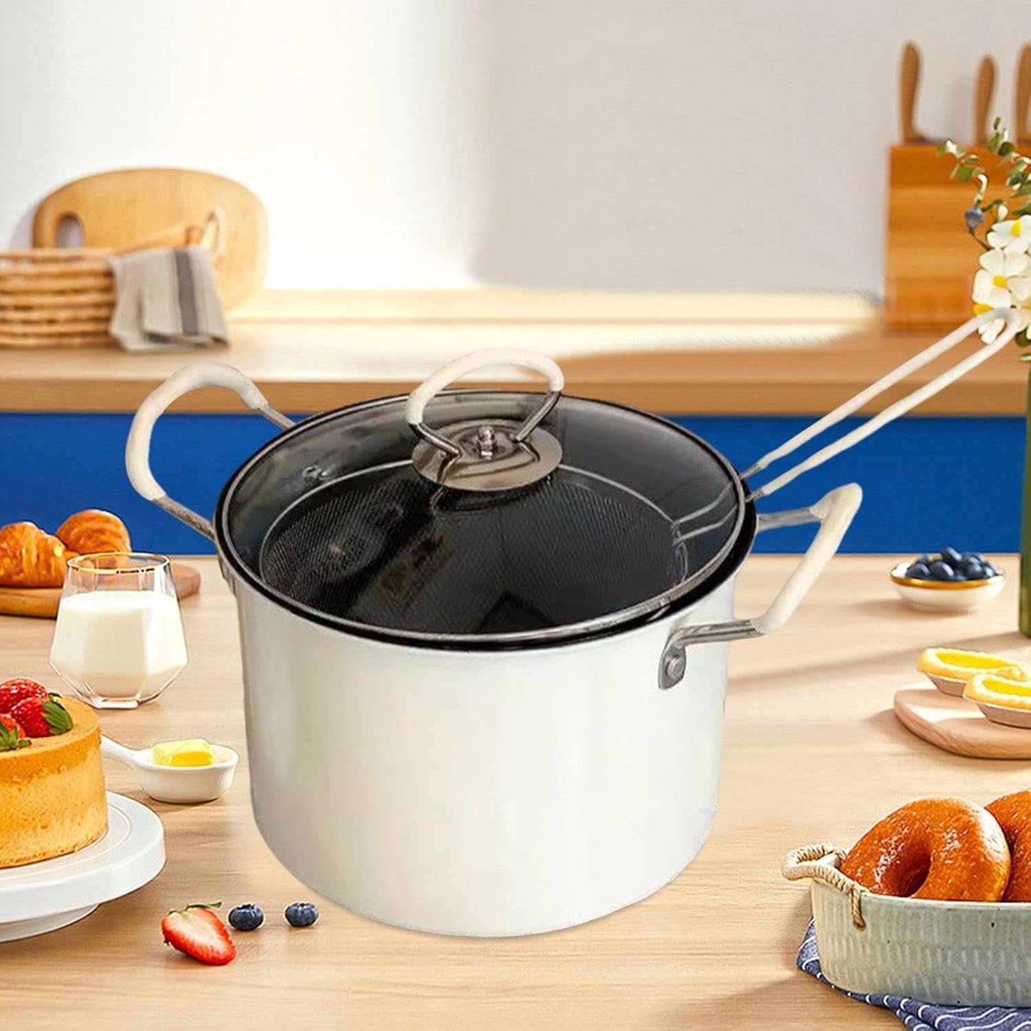 5.2L Iron Deep Frying Pot With Strainer Basket Outdoor Kitchen Use