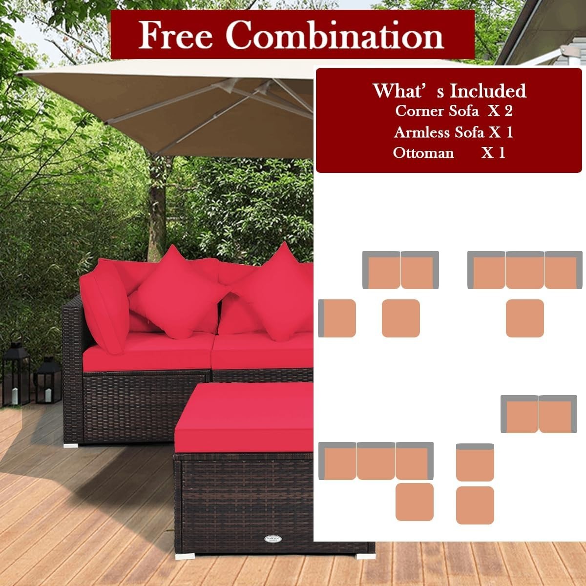 4PC Red Rattan Garden Sofa Set Modular Patio Lounge Coffee Table Cushions