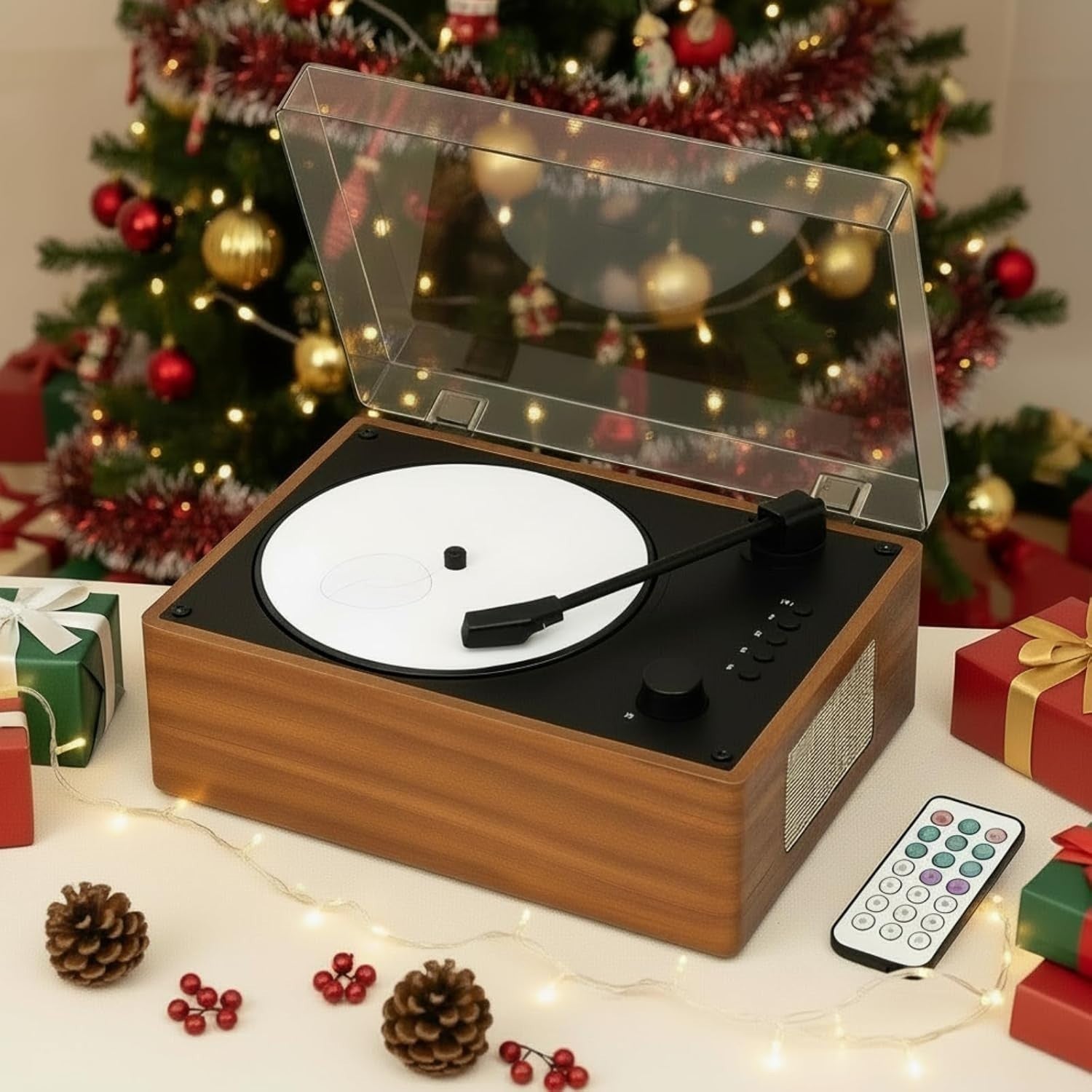 Retro Bluetooth CD Player Desktop Speaker USB Remote Wood Style Brown