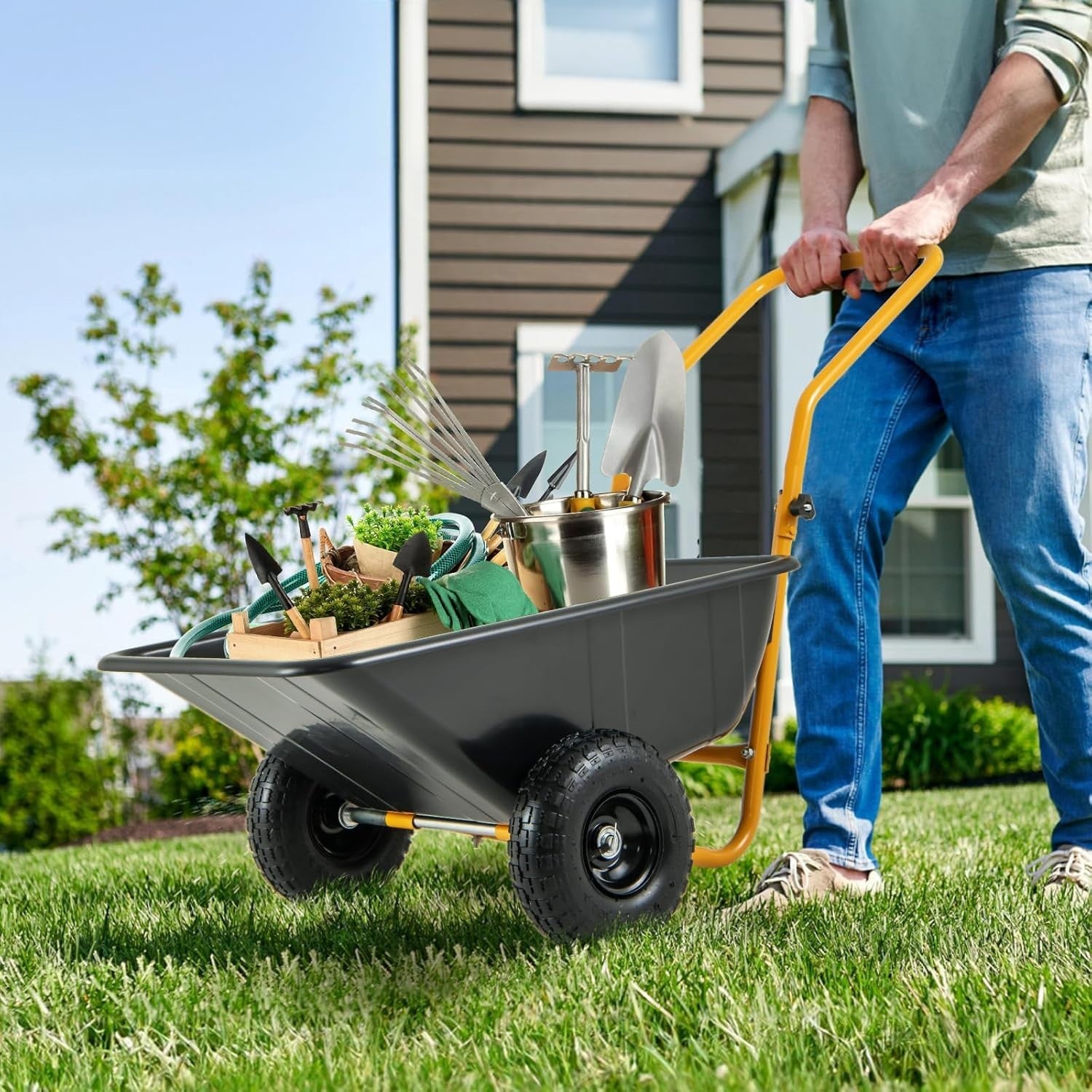 80L 2-Wheel Wheelbarrow Black+Yellow – Pneumatic Tyres w/ Adj Handle 100kg Cap