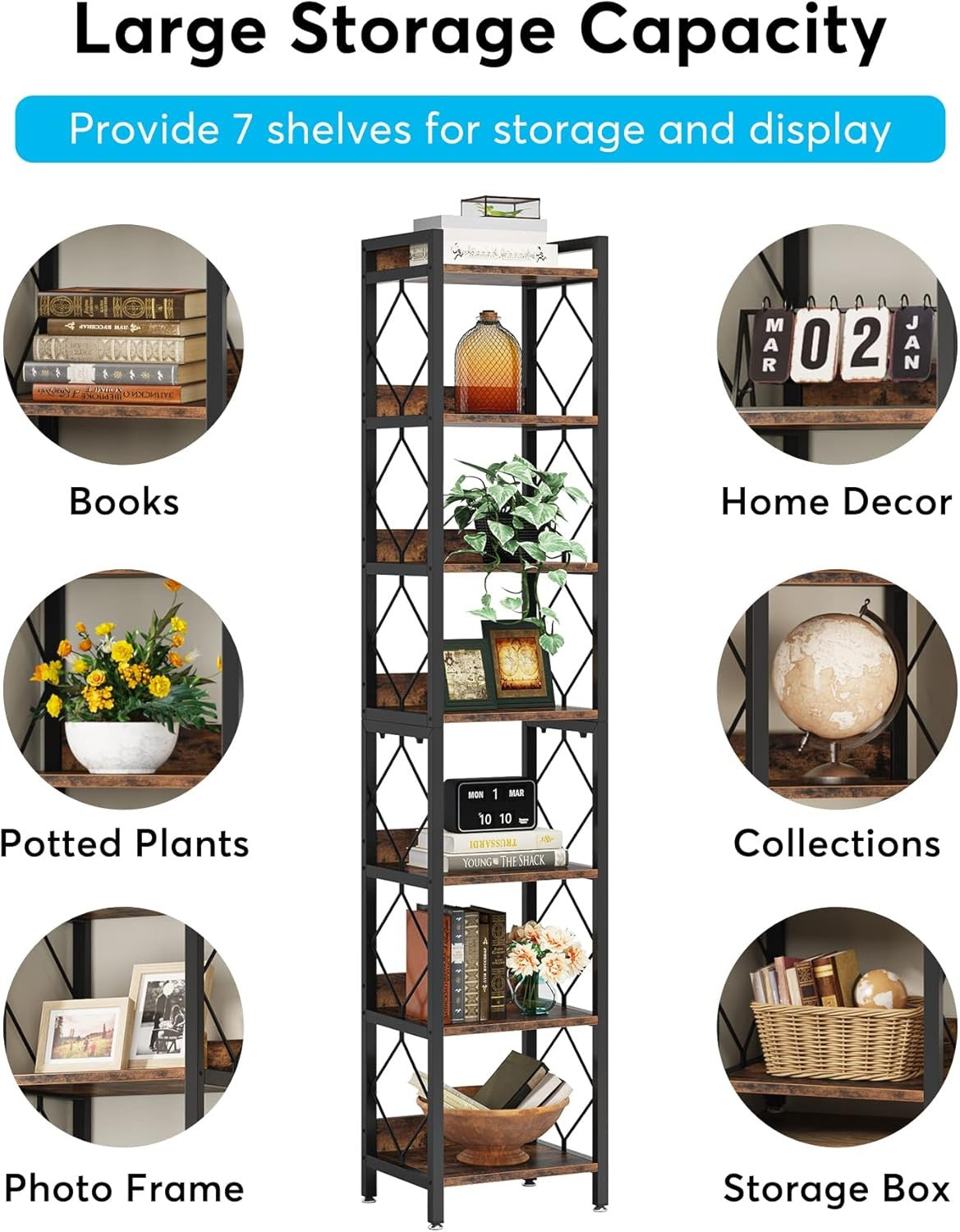 Extra Tall 7-Tier Narrow Bookshelf | 199cm Slim Rustic Display Shelf for Small S