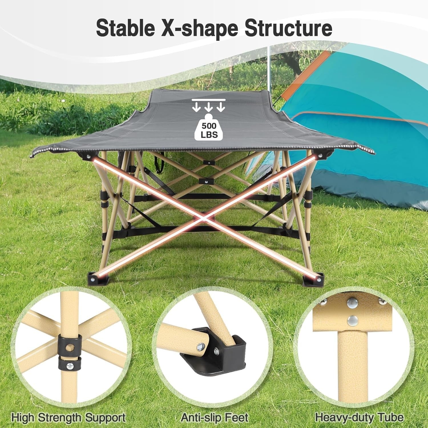 Folding Camping Bed with Thick Mattress | 500lbs Heavy Duty Outdoor Cot