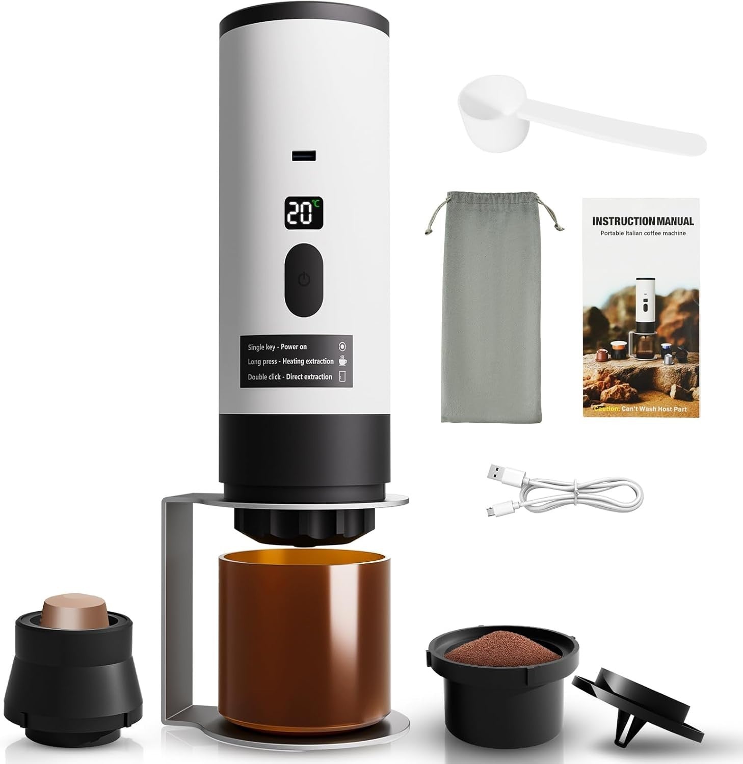 Self-Heating Portable Coffee Maker 20-Bar | Rechargeable Travel Espresso Machine