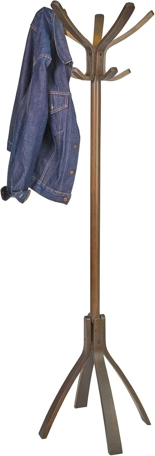 Dark Wood Coat Stand 8 Hooks Freestanding Hall Tree Rack for Entryway & Bedroom