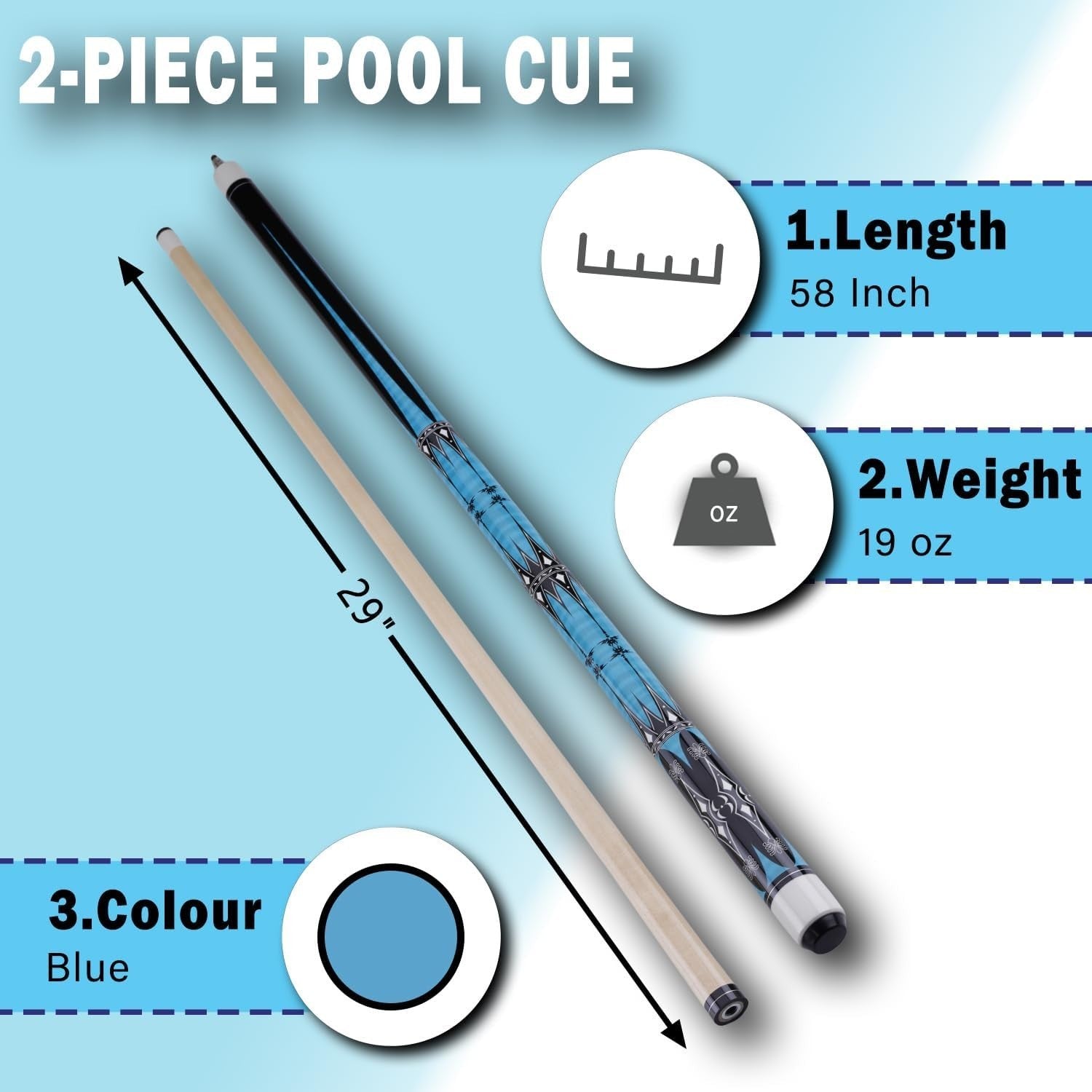 58” Maple Billiard Cue Stick 13mm Tip 2 Piece Pool Cue