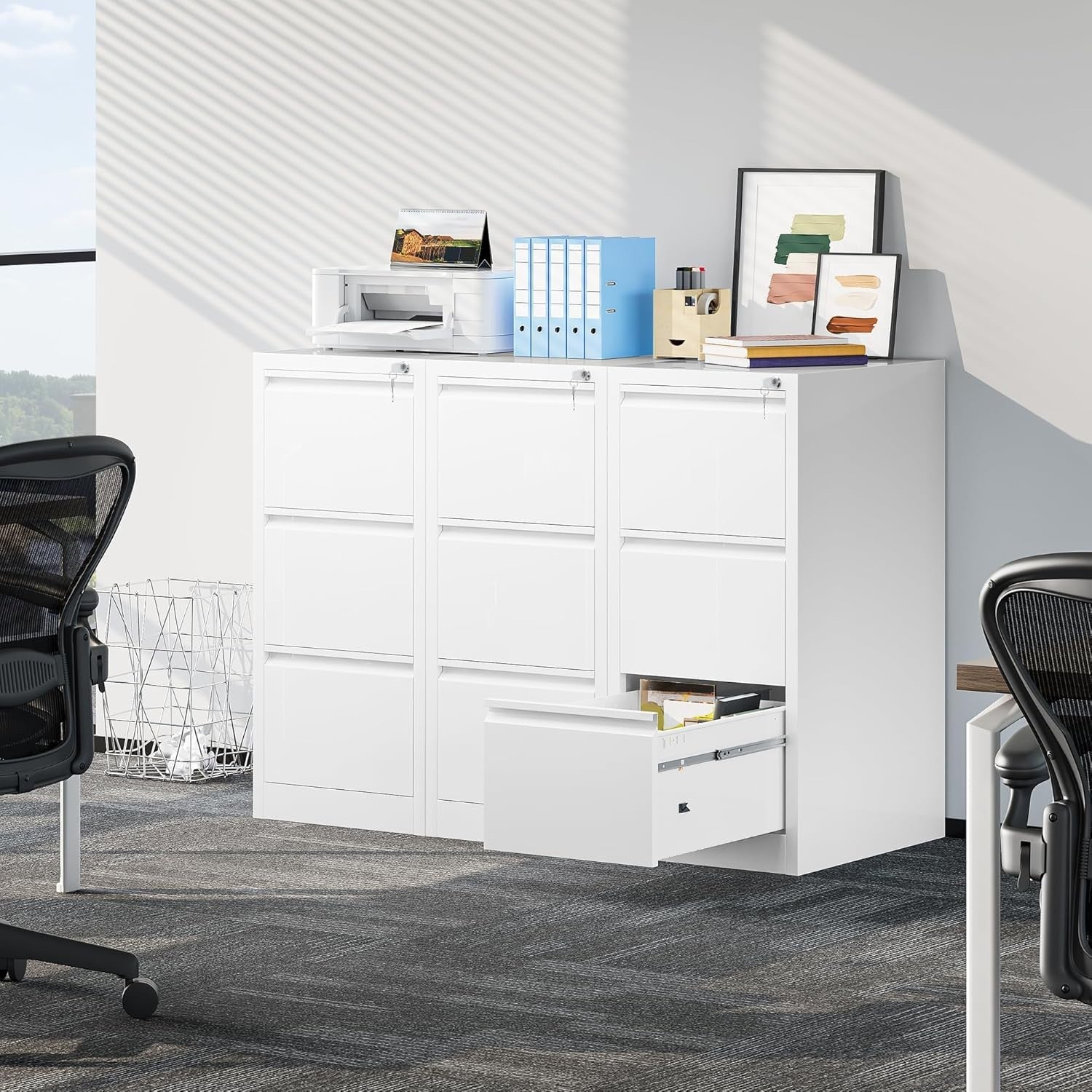 White 3 Drawer Lockable File Cabinet 62x45x102cm Rolling Steel