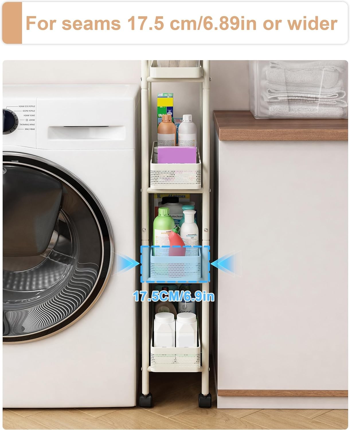 Slim Kitchen Storage Trolley 4 Tier Pull Out Drawers Narrow Cart on Wheels