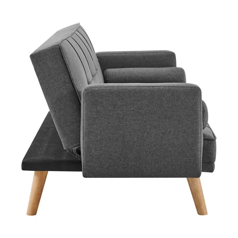 Charcoal Linen Clic Clac Sofa Bed 3 Seater Tufted Cushions & Bolster Pillows
