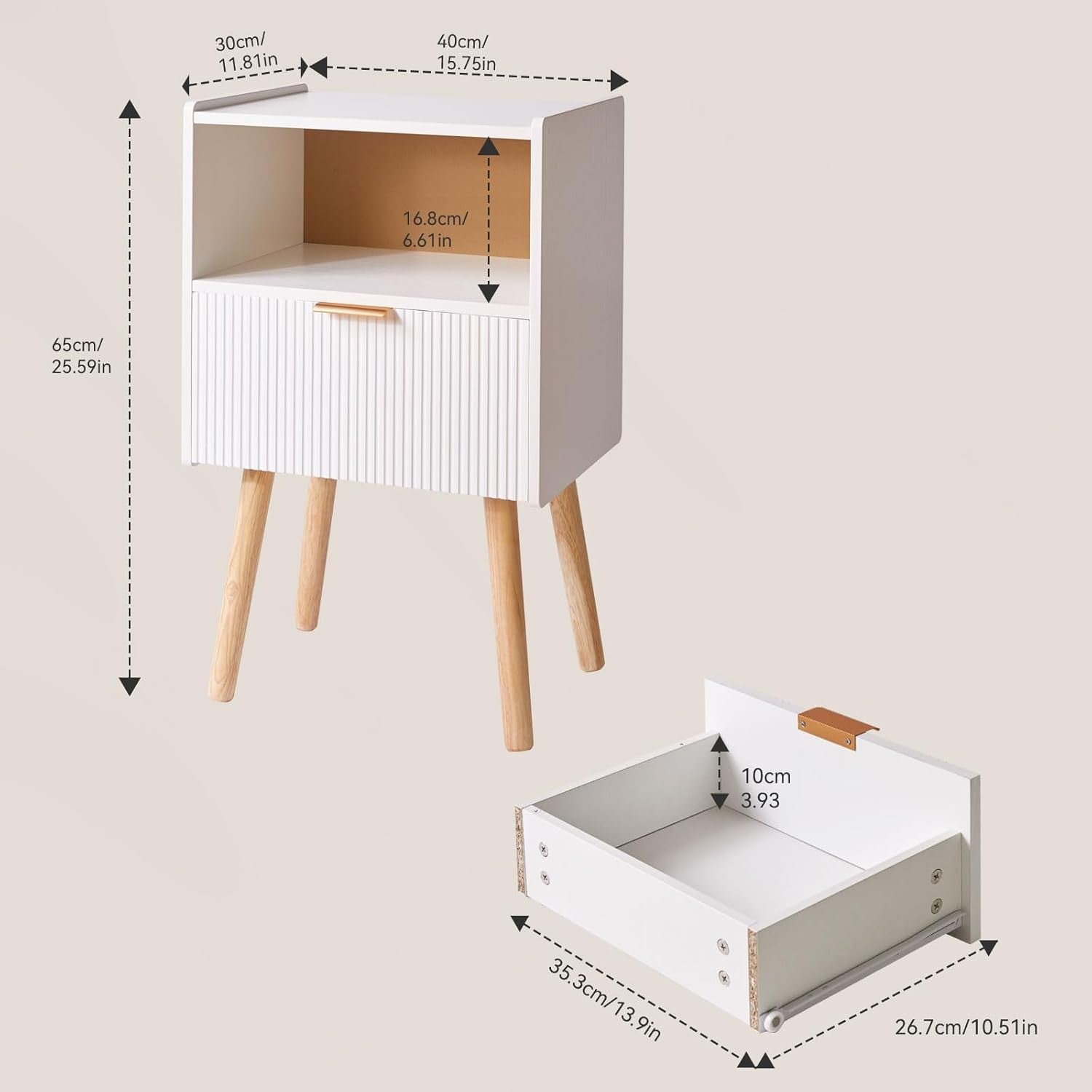 White Bedside Table with Drawer & Open Shelf – Modern 2-Tier Nightstand with Woo